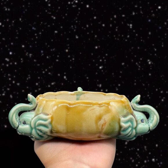 Artisan Ceramic Elephant Bowl - Green and Brown